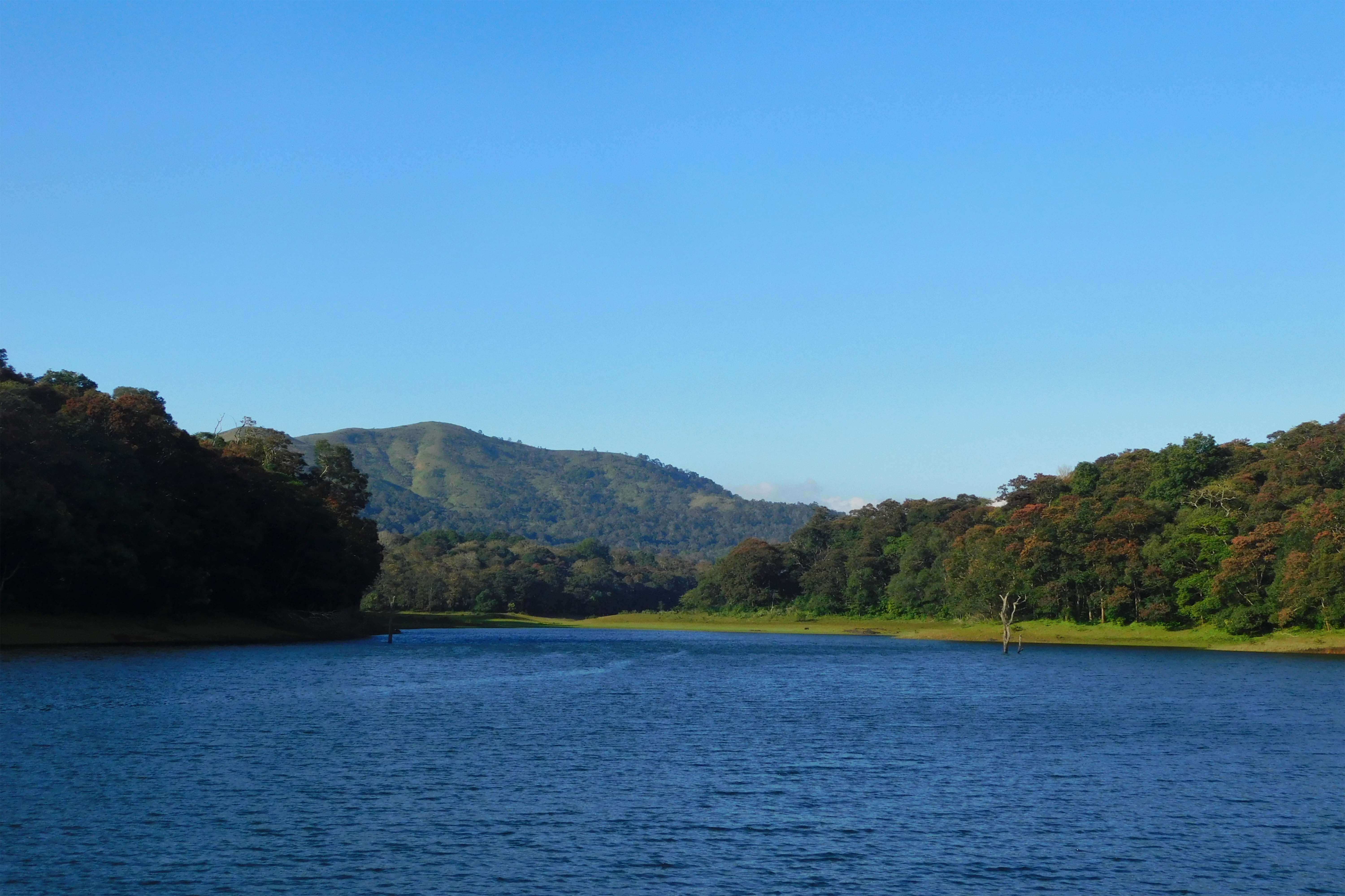 A serene blue lake surrounded by lush green forests with mountains in the background.