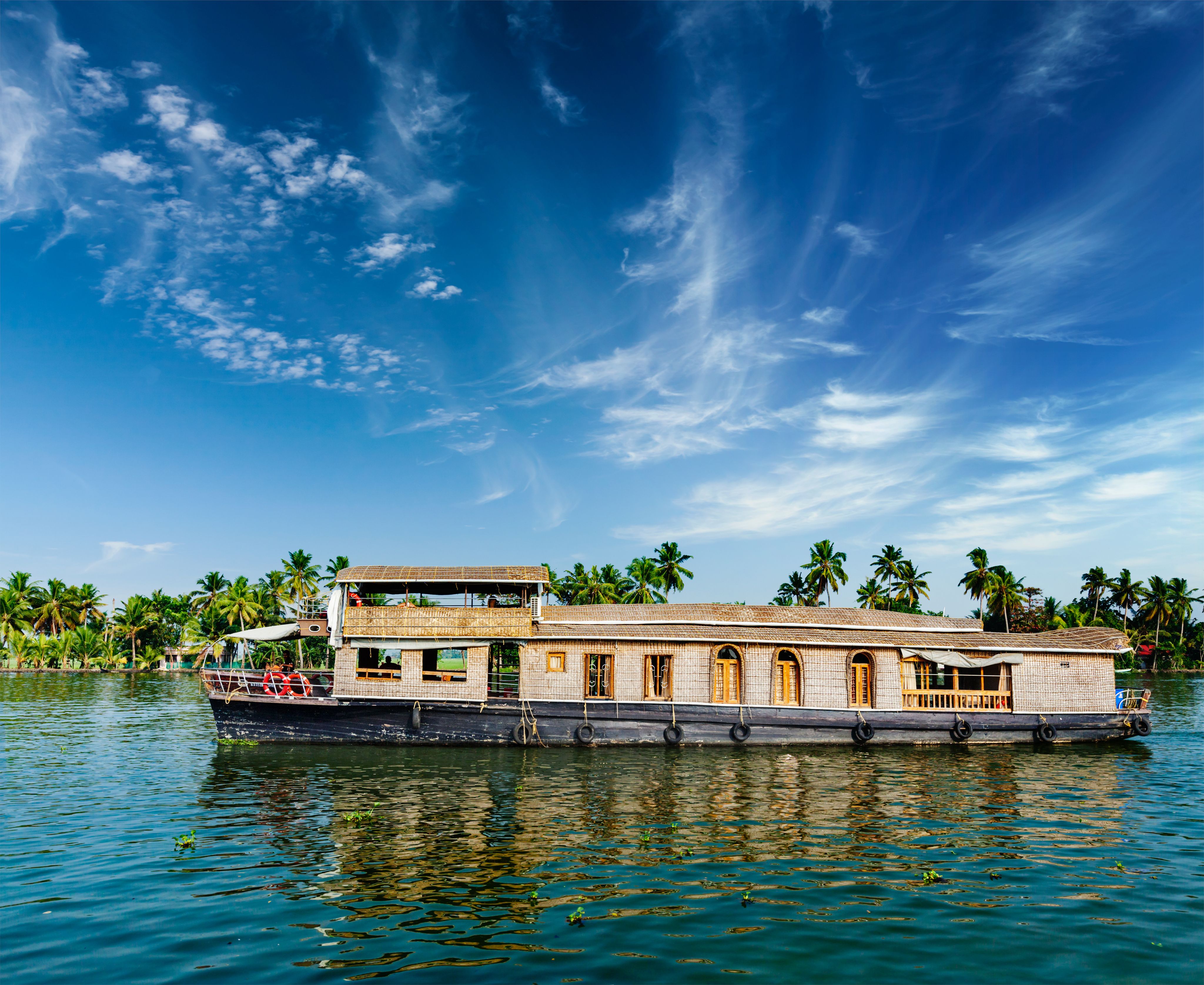 A traditional houseboat navigates serene backwaters with palm trees and a clear blue sky.