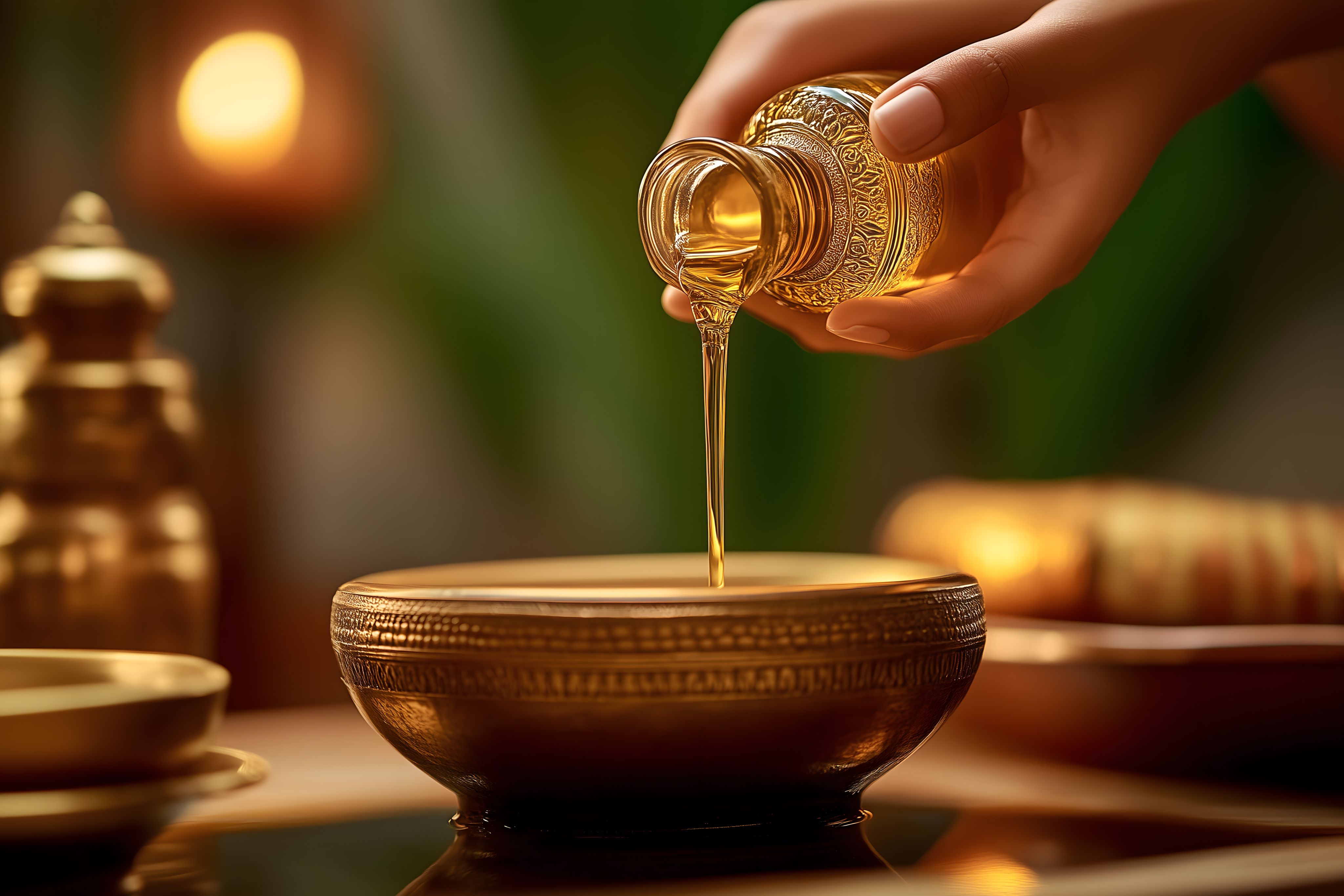 A hand pours golden oil from a small bottle into an ornate golden bowl.